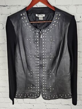 NYGARD | studded leather & ponte knit zip up jacket